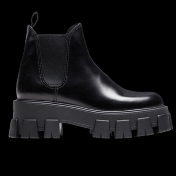 PRADA Monolith Brushed Leather Lug Sole Pull On Chelsea Ankle Boots Black - Picture 2 of 15